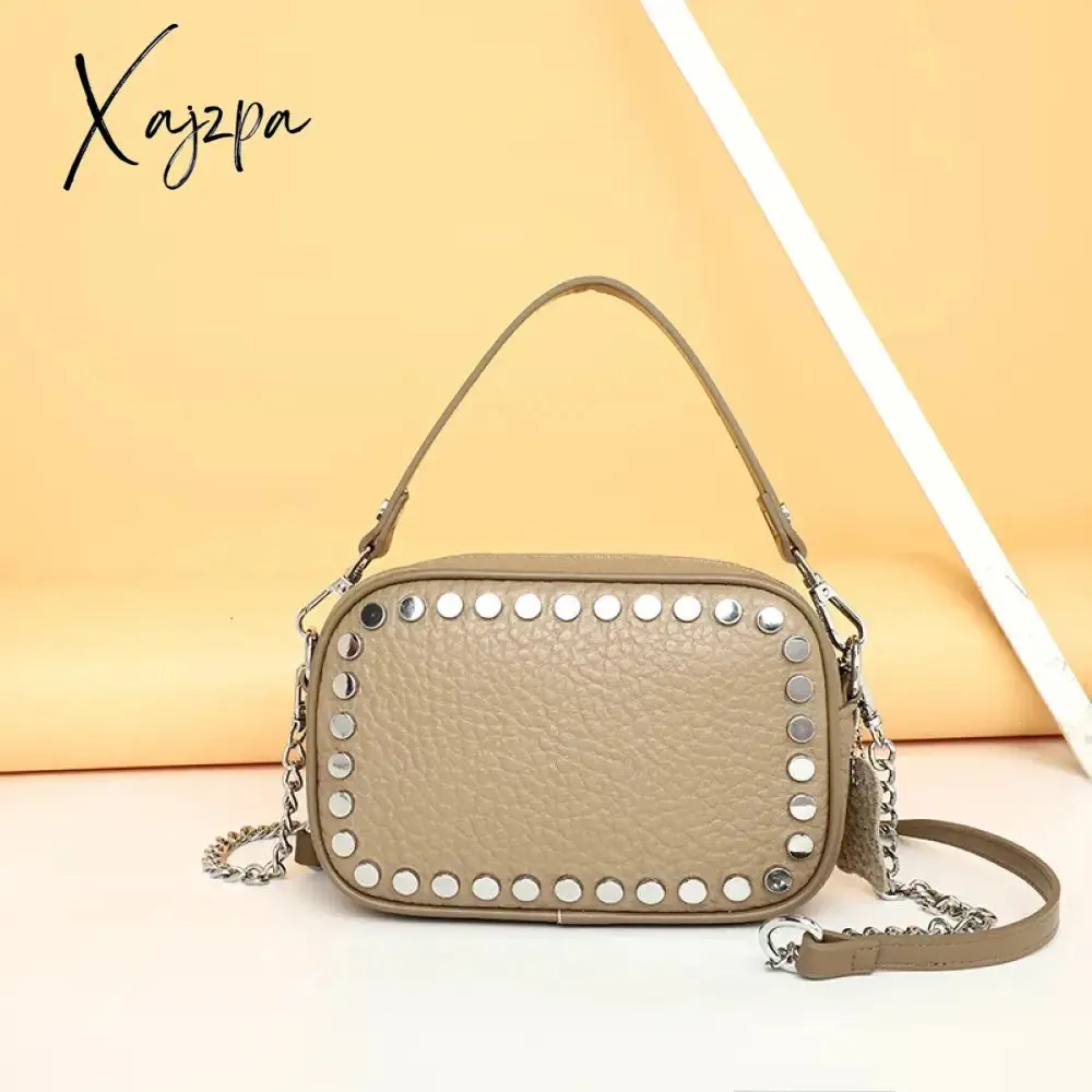 Luxury Soft Genuine Leather Handbag River Women Shoulder Messenger Bag Solid Color Cowhide Tote Fashion Female Crossbody Sac