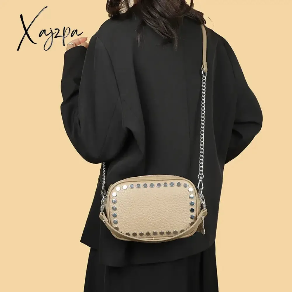 Luxury Soft Genuine Leather Handbag River Women Shoulder Messenger Bag Solid Color Cowhide Tote Fashion Female Crossbody Sac