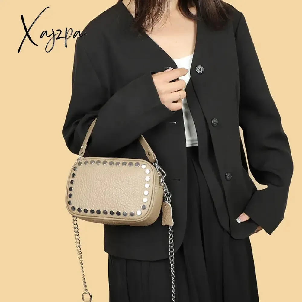 Luxury Soft Genuine Leather Handbag River Women Shoulder Messenger Bag Solid Color Cowhide Tote Fashion Female Crossbody Sac