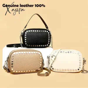 Luxury Soft Genuine Leather Handbag River Women Shoulder Messenger Bag Solid Color Cowhide Tote Fashion Female Crossbody Sac