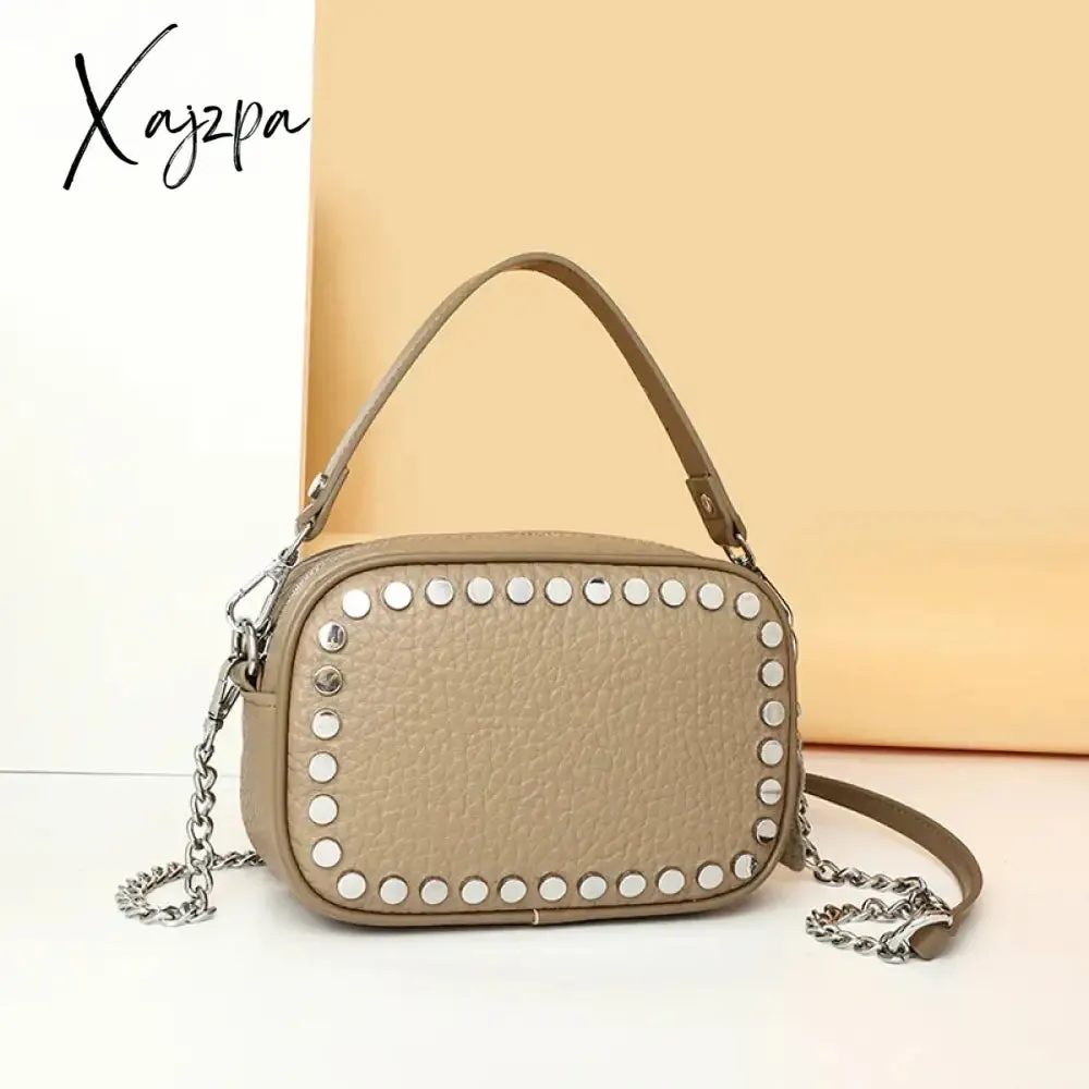 Luxury Soft Genuine Leather Handbag River Women Shoulder Messenger Bag Solid Color Cowhide Tote Fashion Female Crossbody Sac