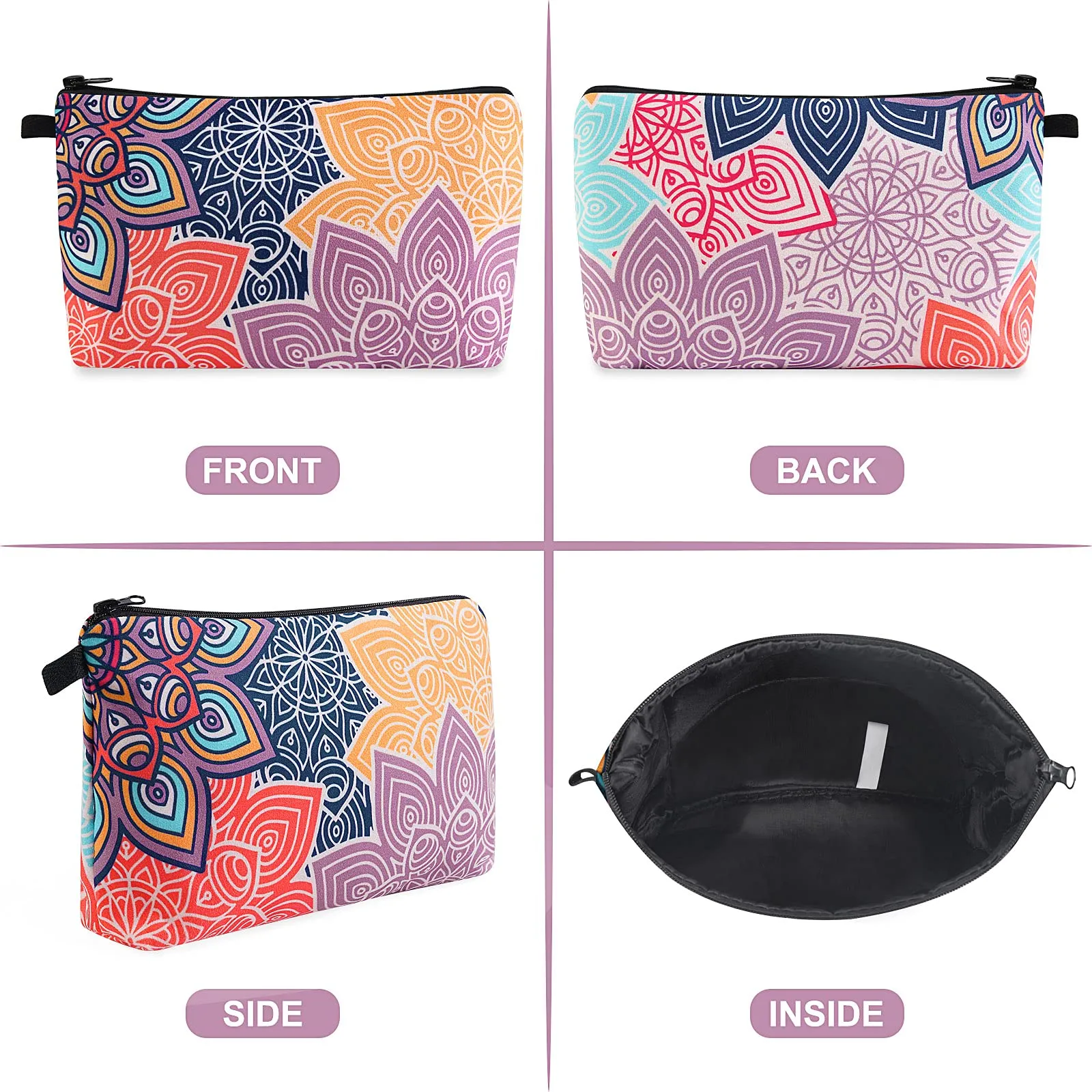 MAGEFY Makeup Bag, 2 Styles Travel Cosmetic Bag for Women Cosmetic pouch Elegant Blue Patterns Zipper Pouch Waterproof Makeup Pouch Cute (2 Packs, Peacock feather   Mandala pattern 0179)