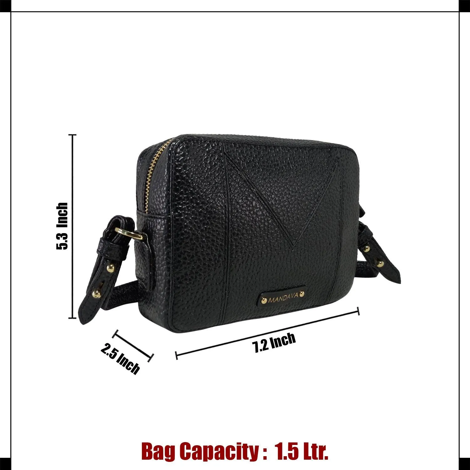 MANDAVA Women's PU Leather Crossbody Bag | Ladies Mini Shoulder Bag with Adjustable & Detachable Strap (Black)