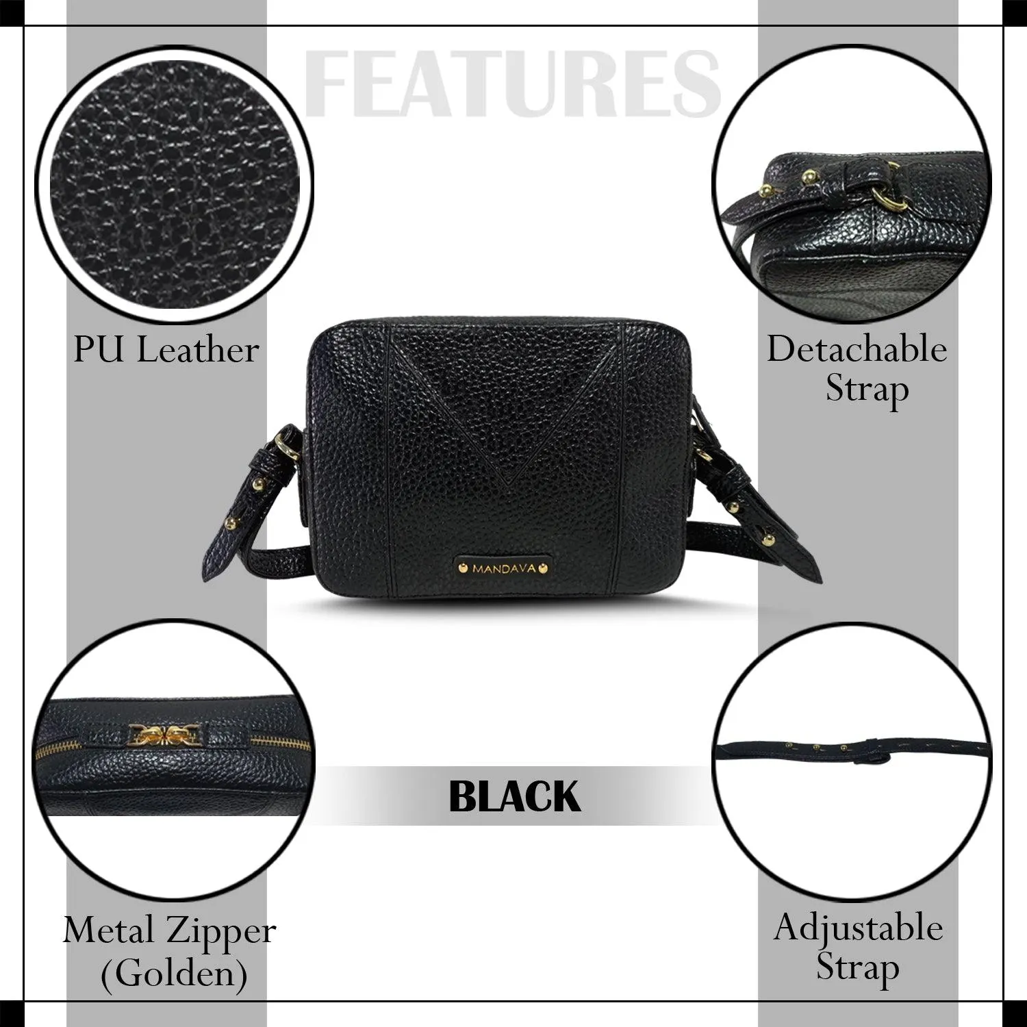 MANDAVA Women's PU Leather Crossbody Bag | Ladies Mini Shoulder Bag with Adjustable & Detachable Strap (Black)