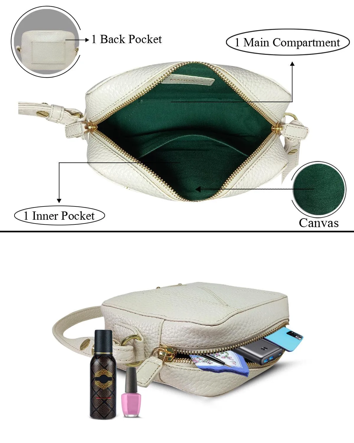 MANDAVA Women's PU Leather Crossbody Bag | Ladies Mini Shoulder Bag with Adjustable & Detachable Strap (White)