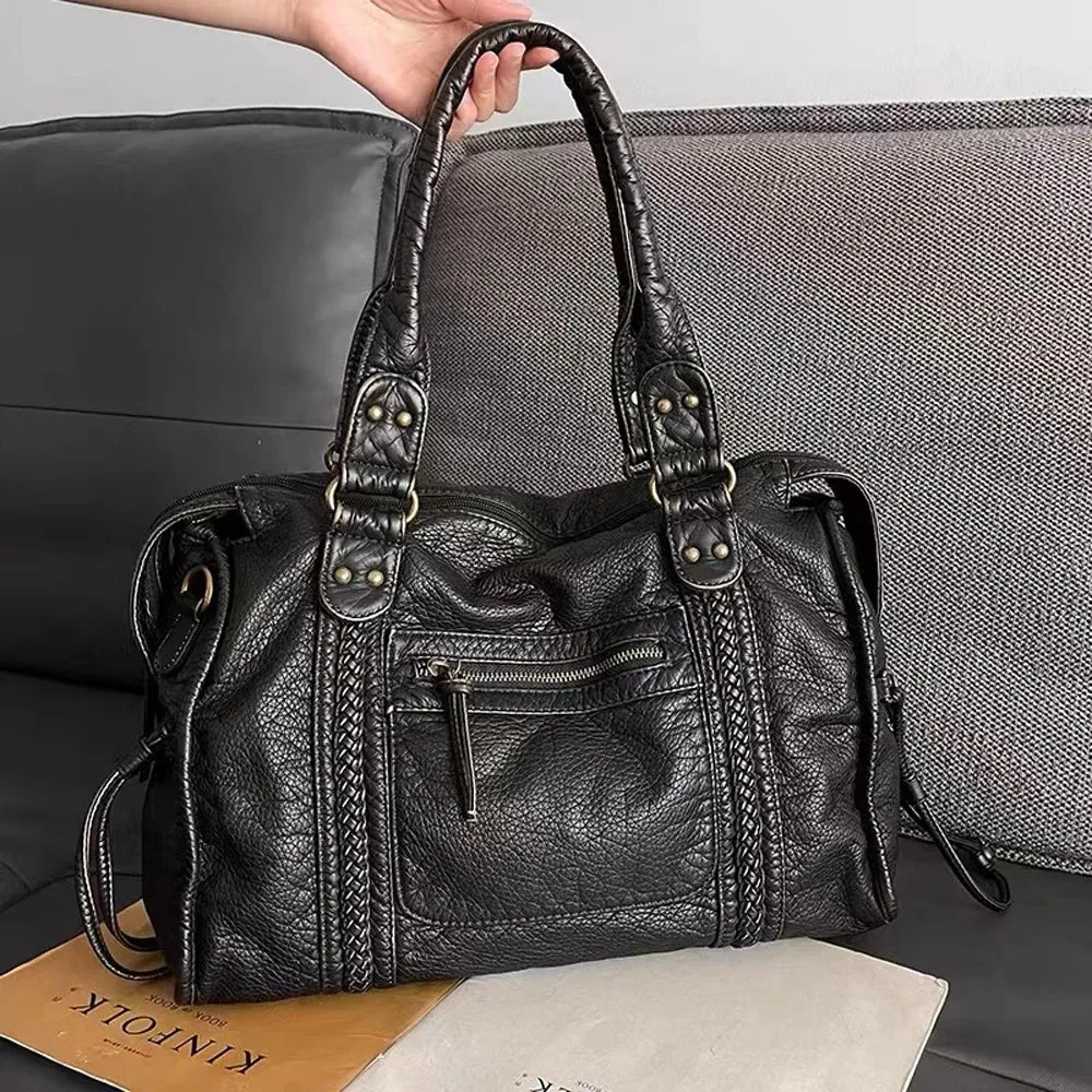 MAYTRENDS  -  Large Capacity Women Handbag Pu Leather Handbags Tote Bag Vintage Washed Leather Shoulder Bag For Women Designer Bags Luxury