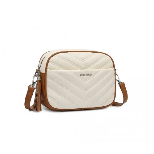 Miss LuLu Lightweight Quilted Leather Cross body Bag - Beige and Brown | Stylish & Compact