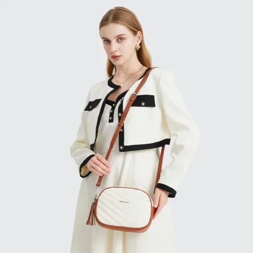 Miss LuLu Lightweight Quilted Leather Cross body Bag - Beige and Brown | Stylish & Compact