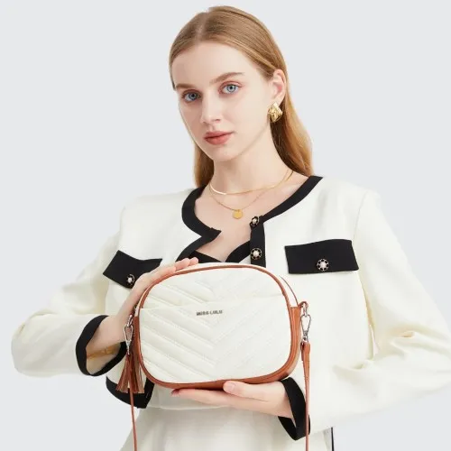 Miss LuLu Lightweight Quilted Leather Cross body Bag - Beige and Brown | Stylish & Compact