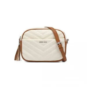Miss LuLu Lightweight Quilted Leather Cross body Bag - Beige and Brown | Stylish & Compact