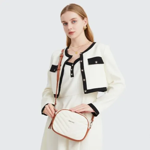Miss LuLu Lightweight Quilted Leather Cross body Bag - Beige and Brown | Stylish & Compact