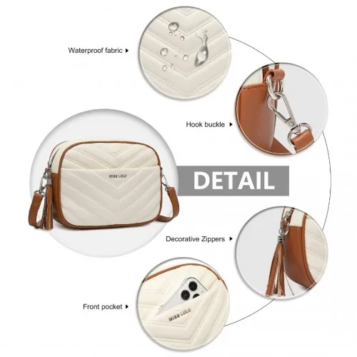 Miss LuLu Lightweight Quilted Leather Cross body Bag - Beige and Brown | Stylish & Compact