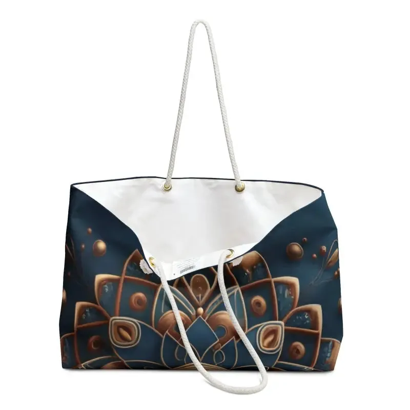 Navy Blue Weekender Bag Gold Mandala Pattern