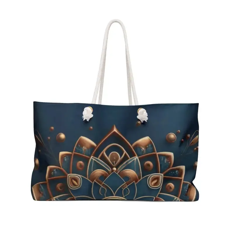 Navy Blue Weekender Bag Gold Mandala Pattern