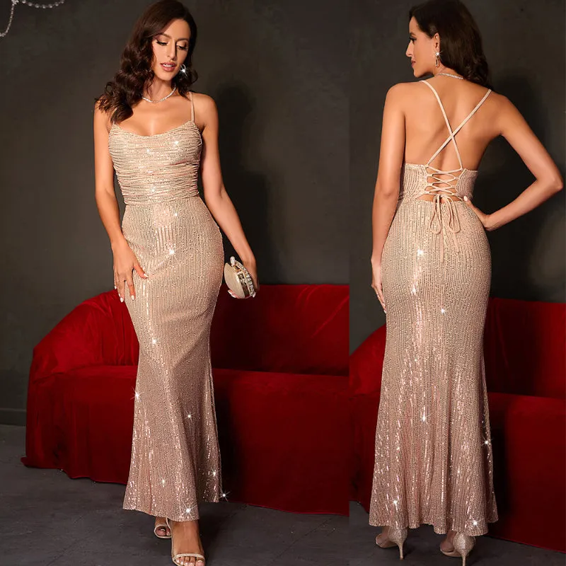 New Sexy Backless Sequin Halter Dress