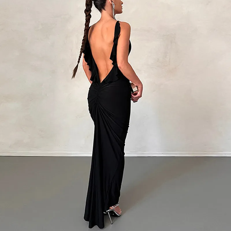 Patched Ruffles and Open Back Sexy Pleated V-neck Dress