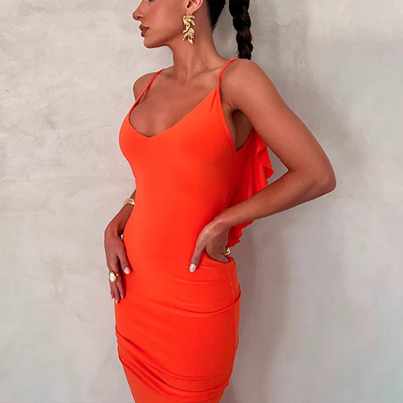 Patched Ruffles and Open Back Sexy Pleated V-neck Dress