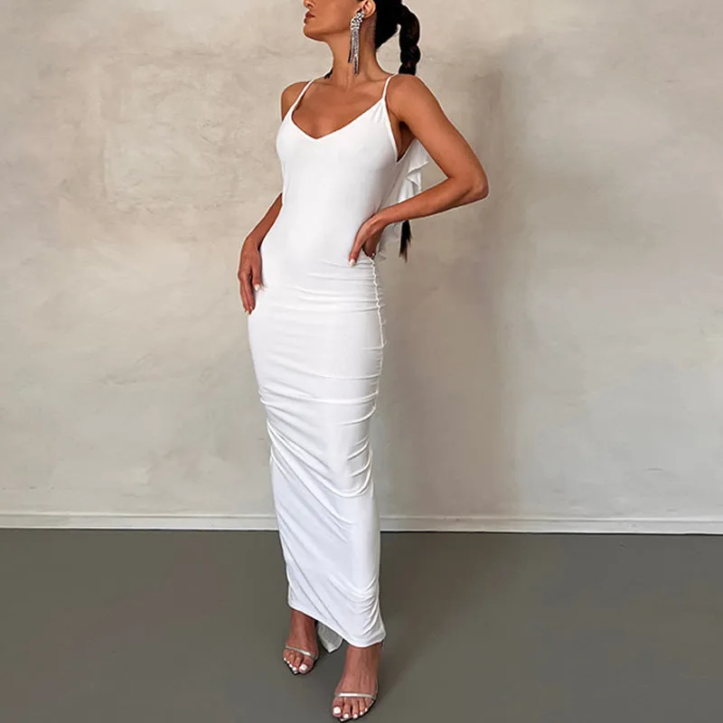 Patched Ruffles and Open Back Sexy Pleated V-neck Dress