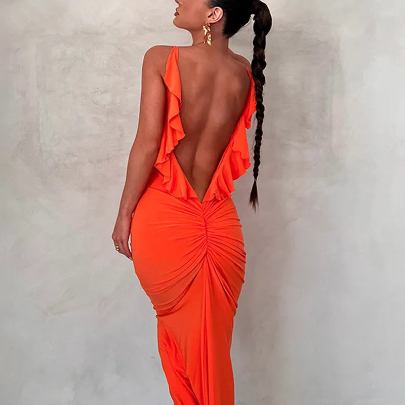 Patched Ruffles and Open Back Sexy Pleated V-neck Dress