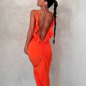 Patched Ruffles and Open Back Sexy Pleated V-neck Dress