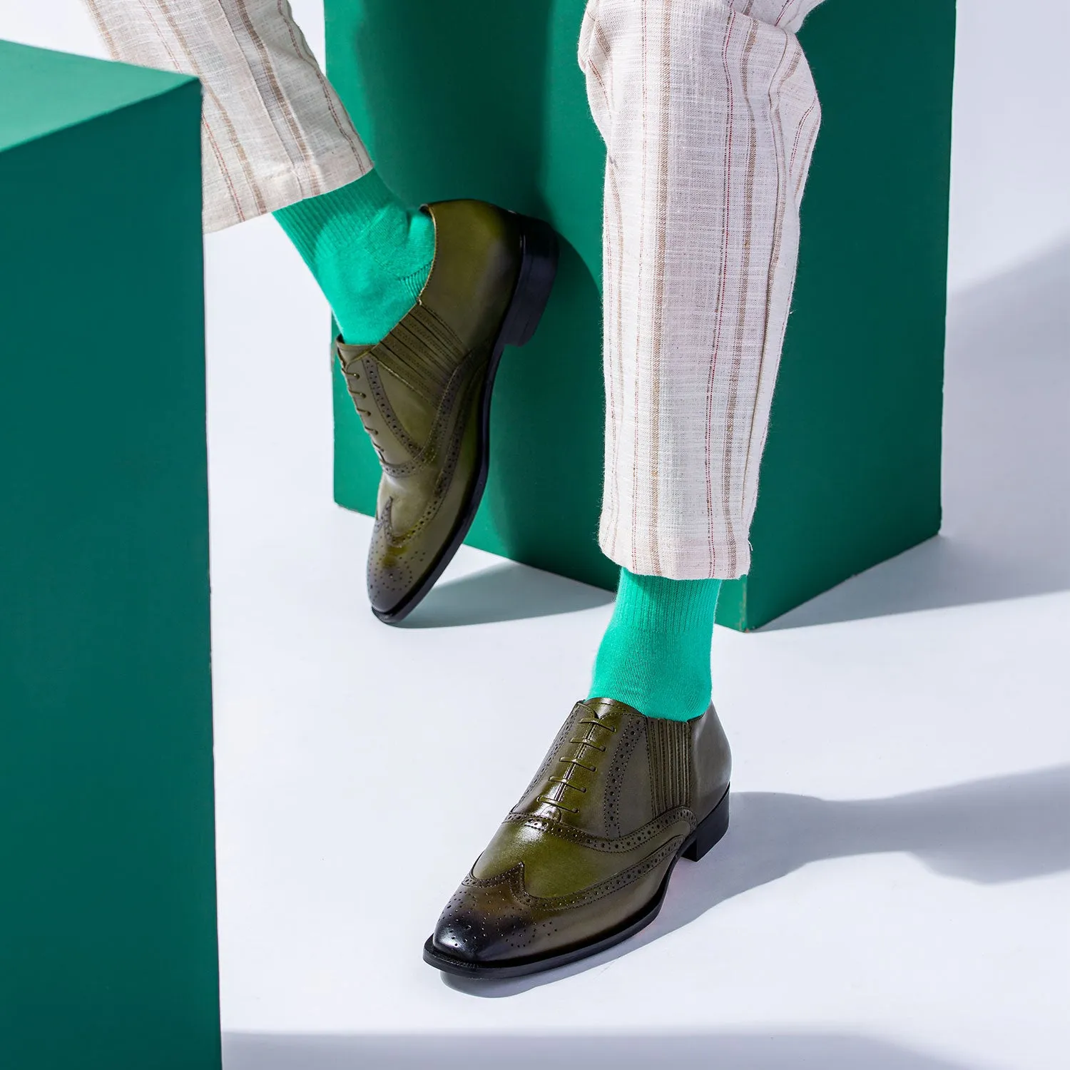 Saint Vincenzo Olive Leather Square Toe Lace Up Décor Shoes