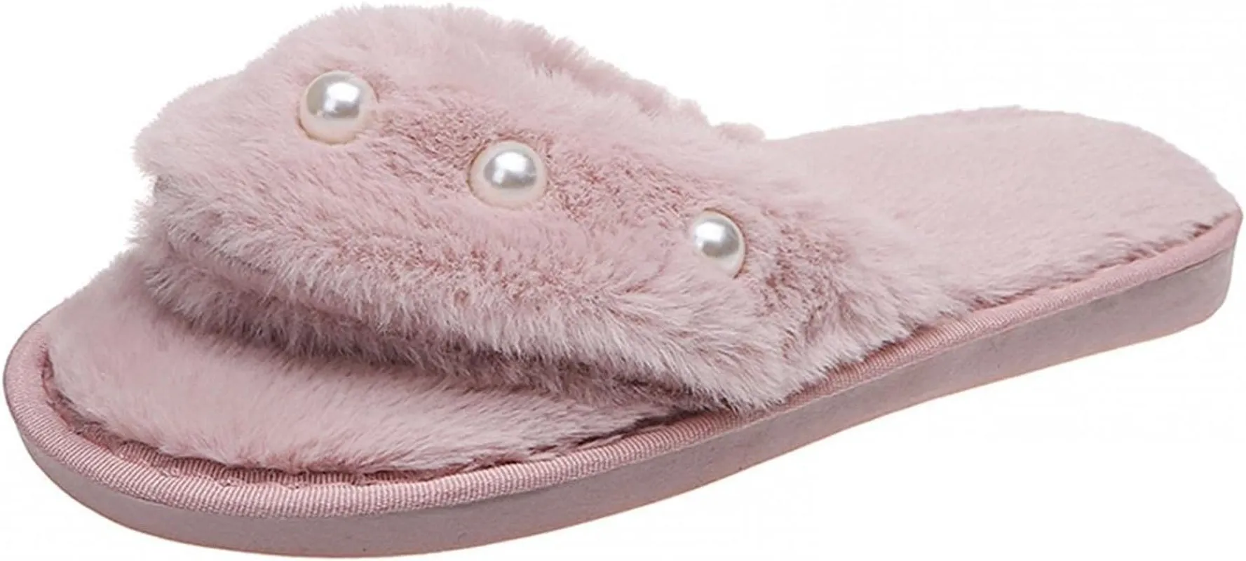 Slippers for Women , Fuzzy Slippers with Pearls Cozy Memory Foam Plush Fluffy Furry Open Toe Slide Slipper