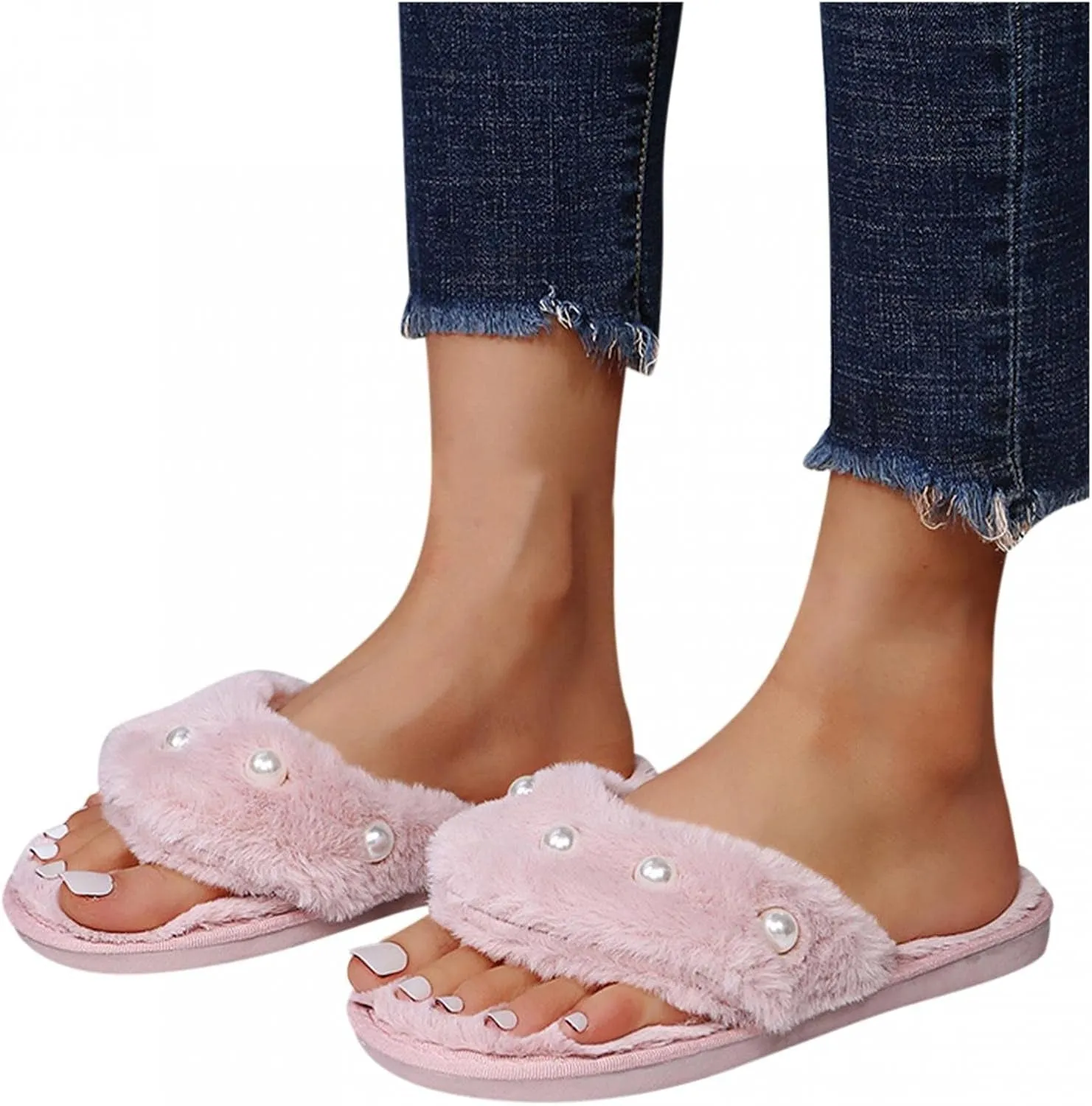 Slippers for Women , Fuzzy Slippers with Pearls Cozy Memory Foam Plush Fluffy Furry Open Toe Slide Slipper