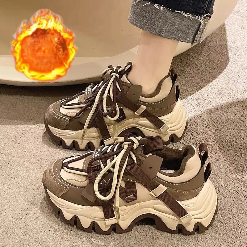 Sohiwoo Black Brown Chunky Sneakers Women Spring Autumn Thick Bottom Dad Shoes Woman Fashion PU Leather Platform Sneakers Ladies