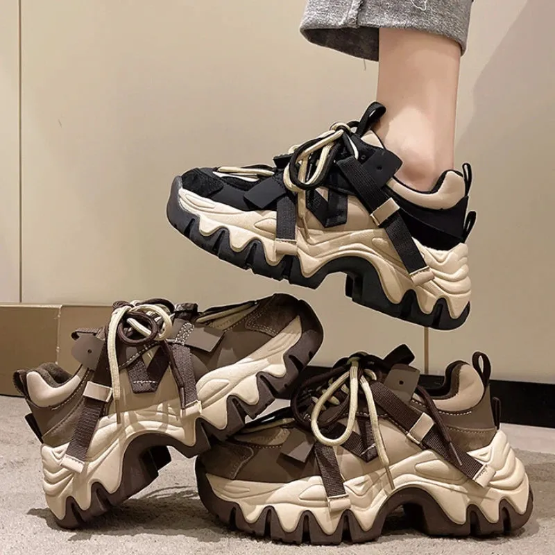 Sohiwoo Black Brown Chunky Sneakers Women Spring Autumn Thick Bottom Dad Shoes Woman Fashion PU Leather Platform Sneakers Ladies