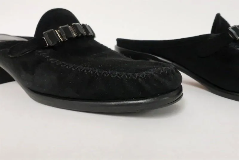 Stuart Weitzman Mules Black Jeweled Suede Size 7.5 Low Heel Slip-On Loafers