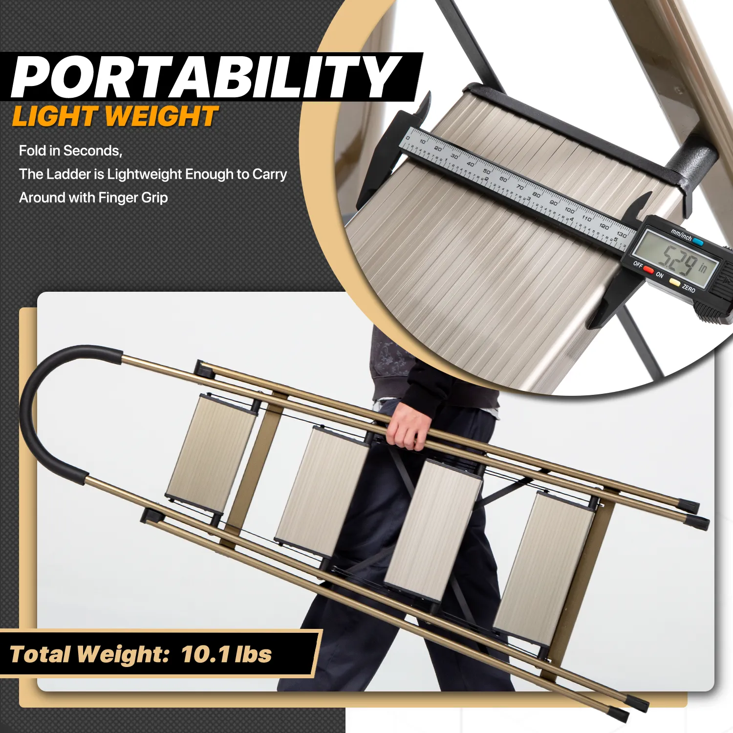 U-Shaped Padded Handle Folding Step Ladder - 4 Steps 4.74 ft/56.9", Gold
