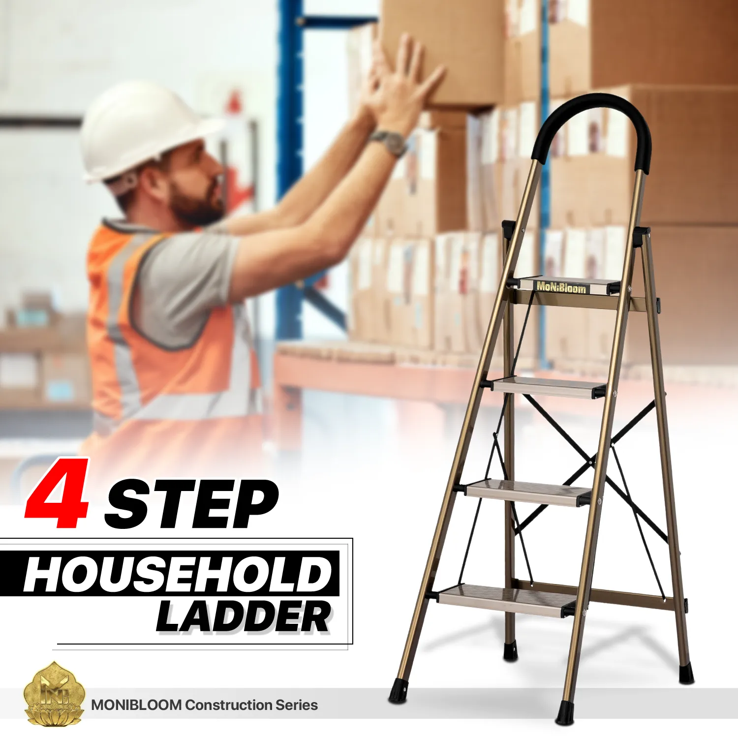 U-Shaped Padded Handle Folding Step Ladder - 4 Steps 4.74 ft/56.9", Gold