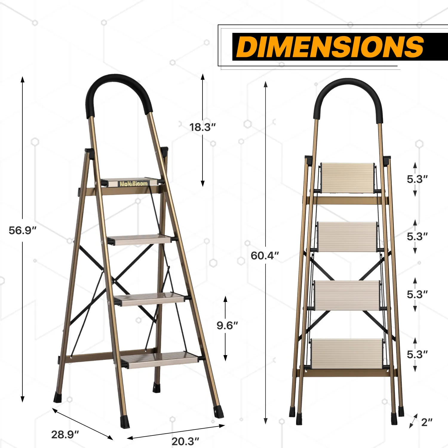 U-Shaped Padded Handle Folding Step Ladder - 4 Steps 4.74 ft/56.9", Gold