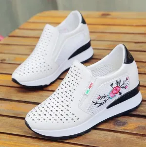 Women Casual Shoes Slip on Loafers Mixed Colors Hollow Out Increasing Internal Height Sneakers