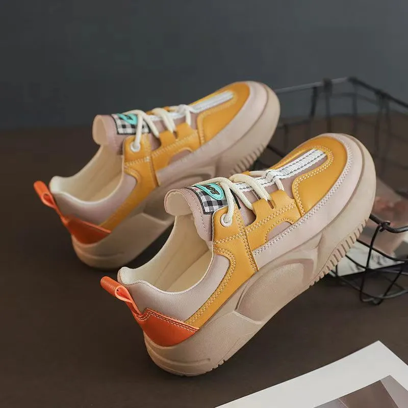 Women's Fashion Thick-soled Leather Stitching Sneakers