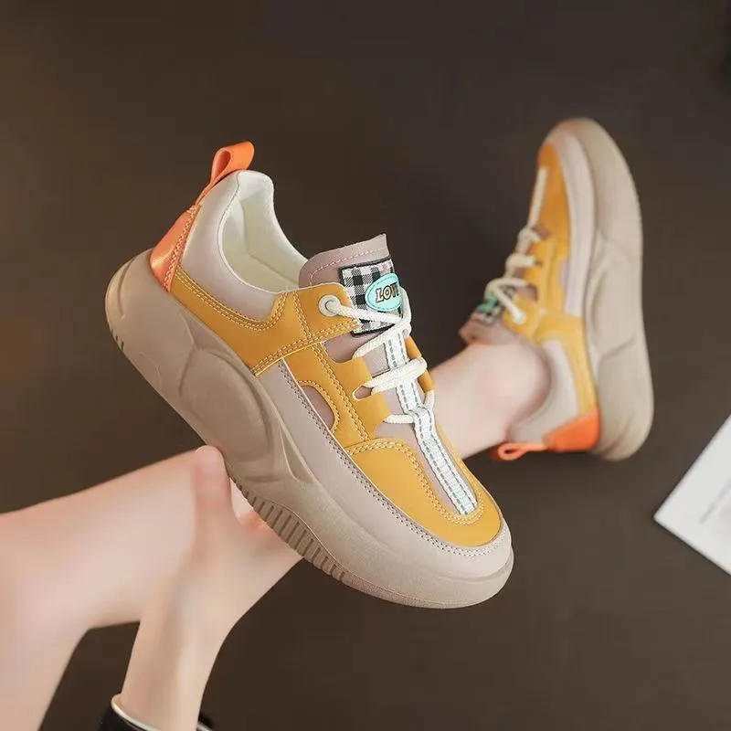 Women's Fashion Thick-soled Leather Stitching Sneakers