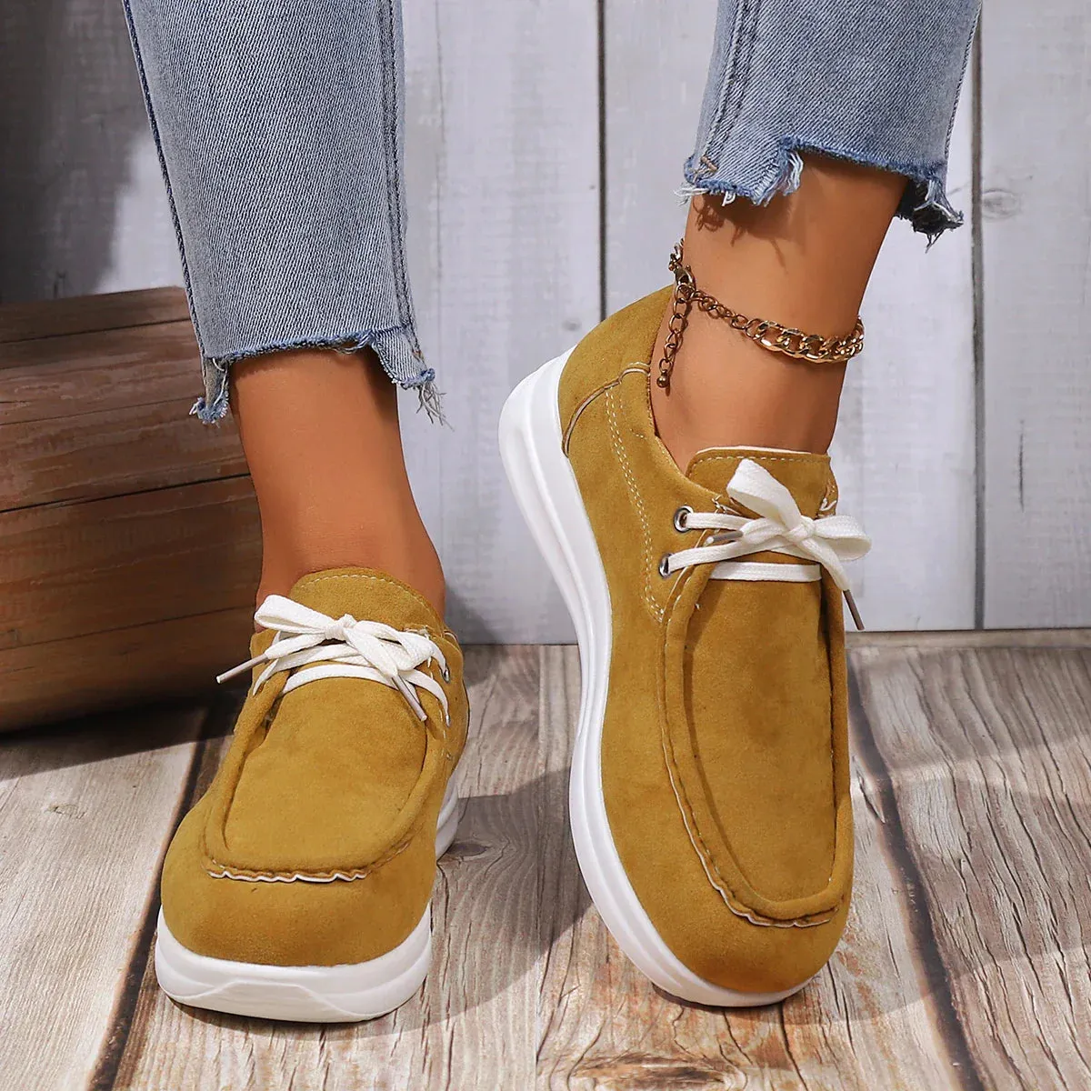 Xajzpa Women's Faux Suede Platform Sneakers Autumn Non-Slip Lace Up Loafers Woman Thick Sole Casual Sneakers Zapatillas De Mujer