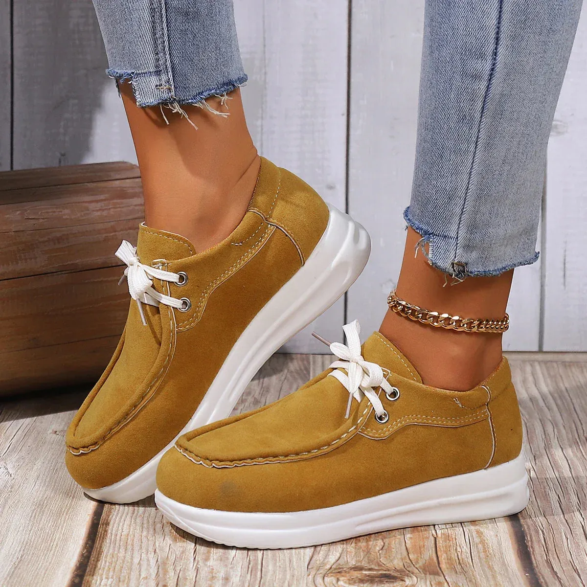Xajzpa Women's Faux Suede Platform Sneakers Autumn Non-Slip Lace Up Loafers Woman Thick Sole Casual Sneakers Zapatillas De Mujer