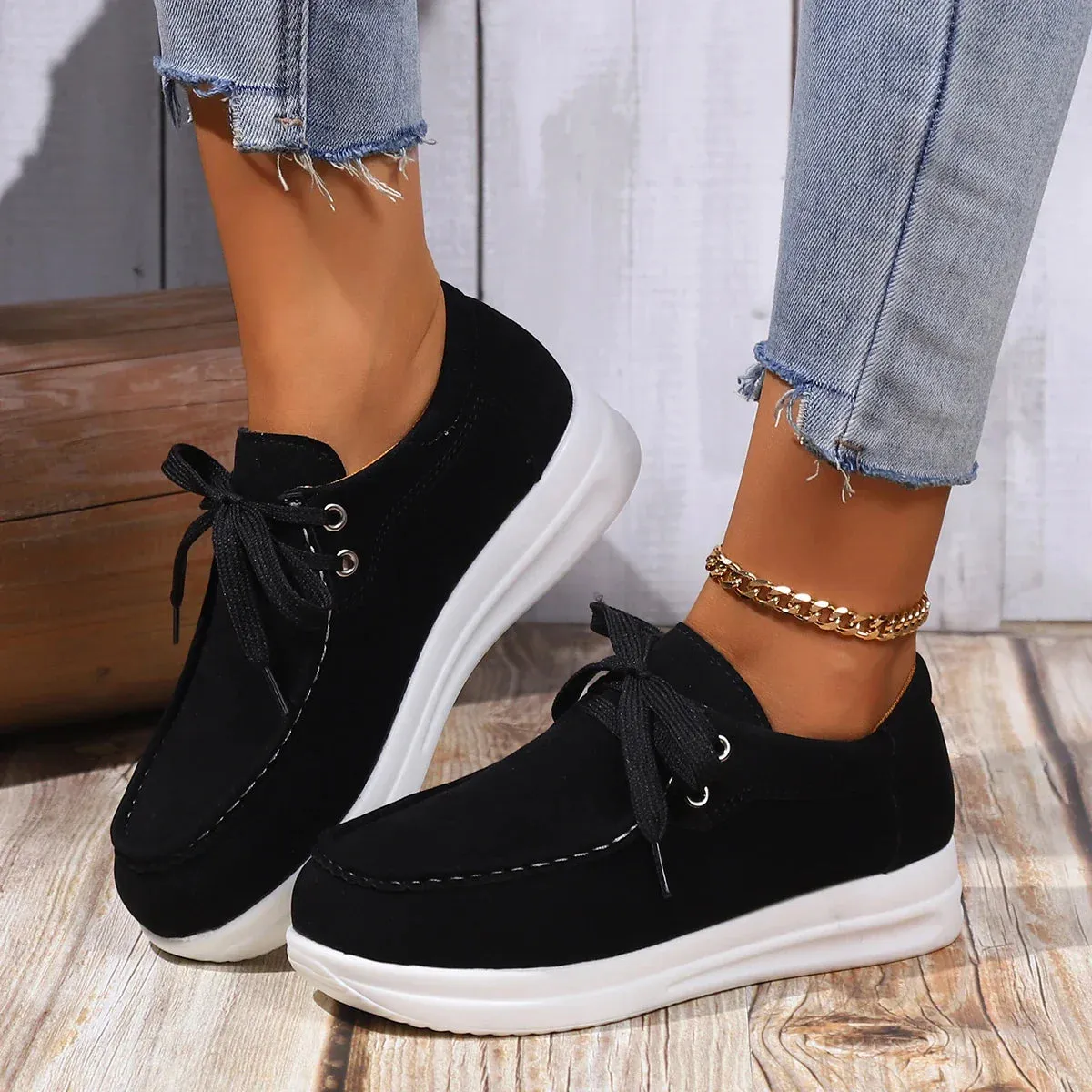 Xajzpa Women's Faux Suede Platform Sneakers Autumn Non-Slip Lace Up Loafers Woman Thick Sole Casual Sneakers Zapatillas De Mujer